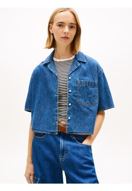 Camisa Azul Amplia De Corte Cropped En Chambray Tommy Jeans