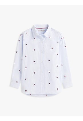Camisa Celeste De Corte Regular Con Rayas Y Logo Tommy Hilfiger