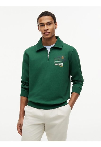 Saco Verde De Rugby Con Cremallera De Un Cuarto Y Logo Tommy Hilfiger