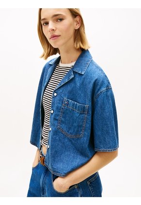 Camisa Azul Amplia De Corte Cropped En Chambray Tommy Jeans