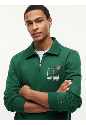 Saco Verde De Rugby Con Cremallera De Un Cuarto Y Logo Tommy Hilfiger