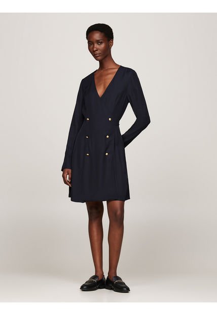 Vestido Azul Cruzado Corto De Botonadura Doble Tommy Hilfiger