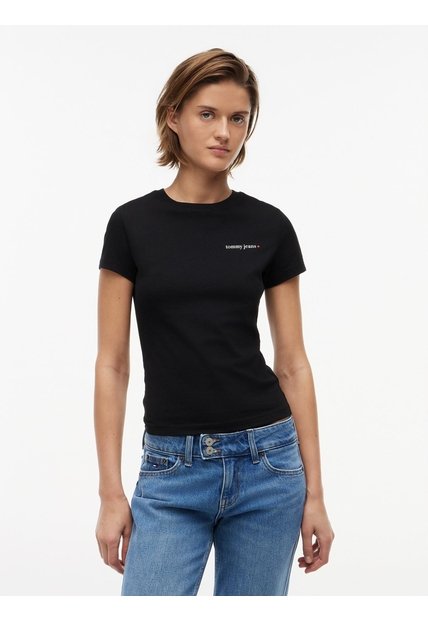 Camiseta Negra Slim De Punto Con Logo Tommy Jeans