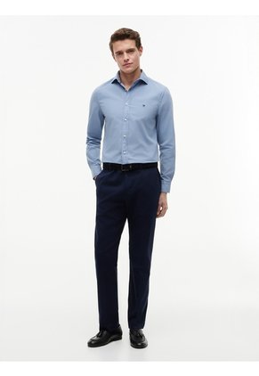 Camisa Azul De Corte Regular En Popelín Lavado Tommy Hilfiger