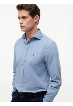 Camisa Azul De Corte Regular En Popelín Lavado Tommy Hilfiger
