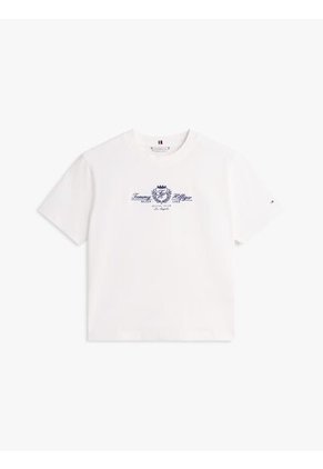 Camiseta Blanca Amplia Con Logo Y Escudo Bordado Tommy Hilfiger