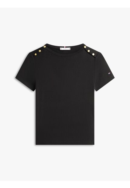 Camiseta Negra Slim De Cuello Barco Con Botones Tommy Hilfiger