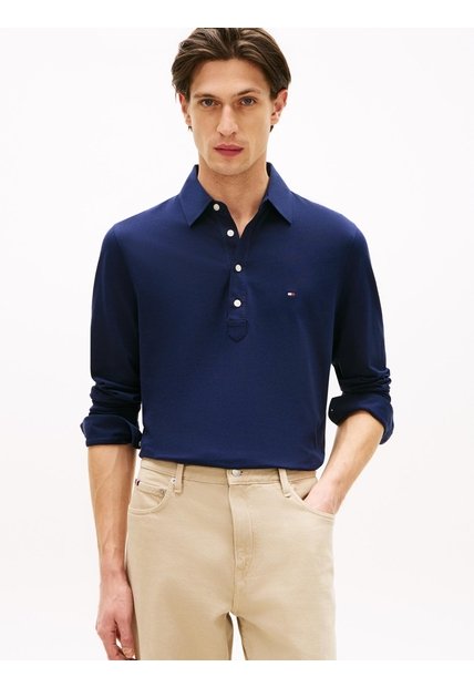 Polo Azul Regular De Manga Larga En Tejido Ligero Tommy Hilfiger