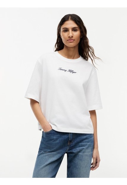 Camiseta Blanca Amplia De Cuello Redondo Con Logo Tommy Hilfiger