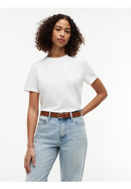 Camiseta Blanca De Cuello Redondo Con Logo Bordado Tommy Hilfiger