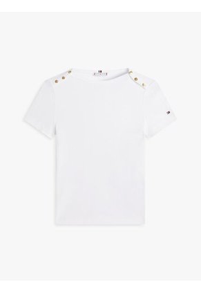 Camiseta Blanca Slim De Cuello Barco Con Botones Tommy Hilfiger
