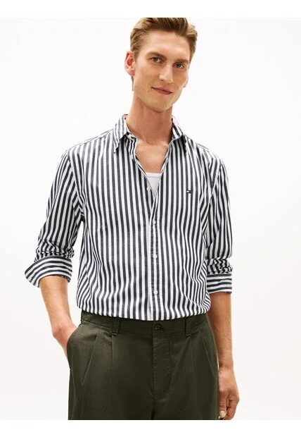 Camisa Negra De Popelín A Rayas TH Flex Tommy Hilfiger