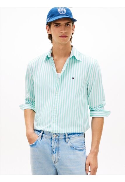Camisa Celeste De Popelín A Rayas TH Flex Tommy Hilfiger