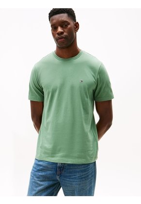 Camiseta Verde De Cuello Redondo Con Logo Bordado Tommy Hilfiger