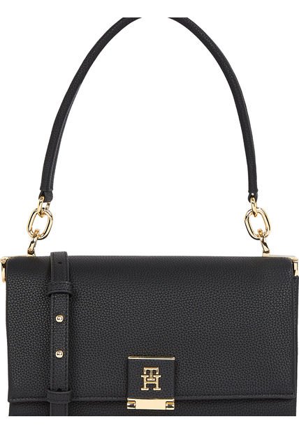 Bolso Negro Mensajero Con Solapa Y Monograma TH Tommy Hilfiger