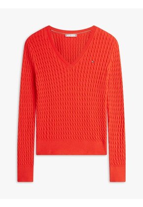 Saco Rojo De Punto Trenzado Con Cuello En V Tommy Hilfiger