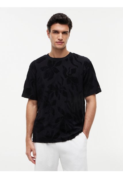 Camiseta Negra De Cuello Redondo Con Estructura Jacquard Tommy Hilfiger