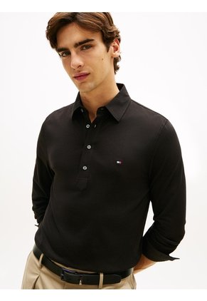 Polo Negro Regular De Manga Larga En Tejido Ligero Tommy Hilfiger