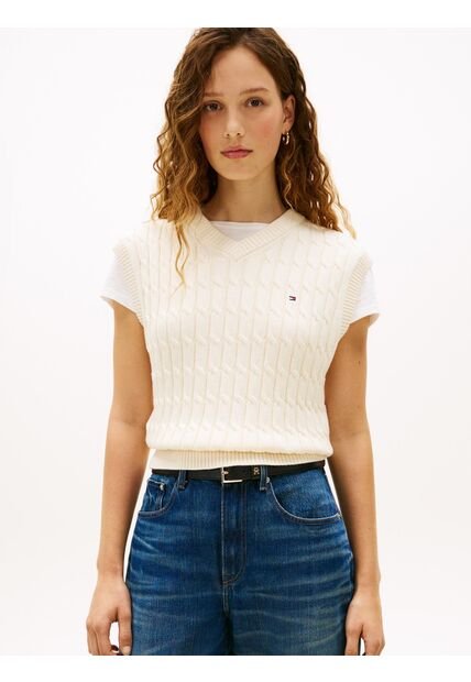Chaleco Blanco De Punto Trenzado Con Cuello En V Tommy Hilfiger