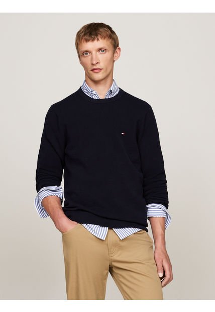 Saco Azul De Punto Texturizado Y Cuello Redondo Tommy Hilfiger