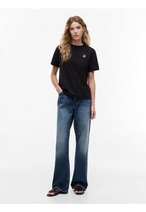Camiseta Negra De Cuello Redondo Con Logo Bordado Tommy Hilfiger