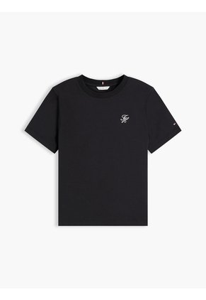 Camiseta Negra De Cuello Redondo Con Logo Bordado Tommy Hilfiger