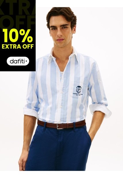 Camisa Azul Oxford De Corte Clásico Con Escudo Tommy Hilfiger