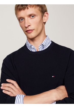 Saco Azul De Punto Texturizado Y Cuello Redondo Tommy Hilfiger