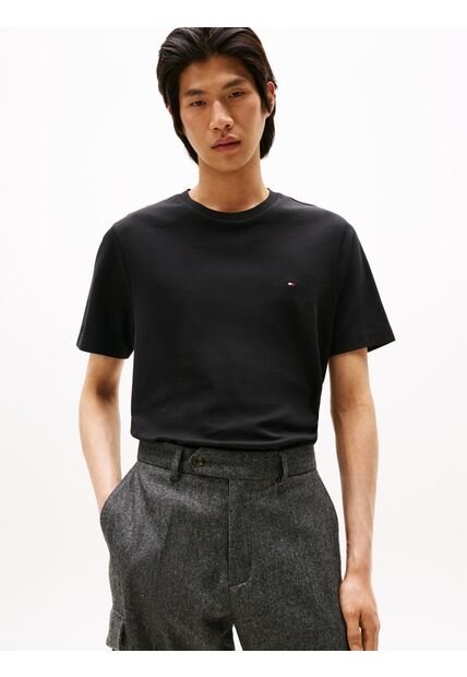 Camiseta Negra De Cuello Redondo Y Punto Interlock Tommy Hilfiger