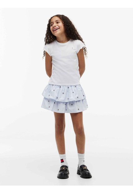 Minifalda Celeste De Rayas Con Logo Y Volantes Tommy Hilfiger