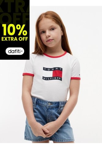 Camiseta Blanca Para Niña Ringer Con Logo Ondeante Tommy Hilfiger Tommy Hilfiger