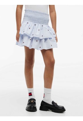 Minifalda Celeste De Rayas Con Logo Y Volantes Tommy Hilfiger