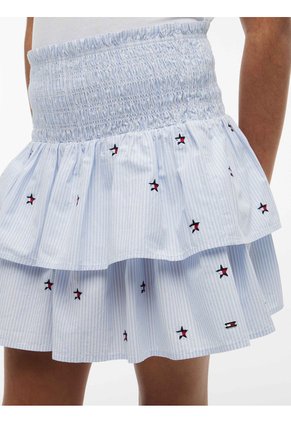 Minifalda Celeste De Rayas Con Logo Y Volantes Tommy Hilfiger