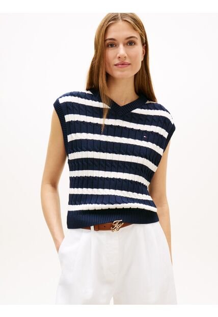 Chaleco Azul De Punto Trenzado Con Cuello En V Tommy Hilfiger