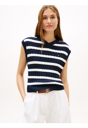 Chaleco Azul De Punto Trenzado Con Cuello En V Tommy Hilfiger