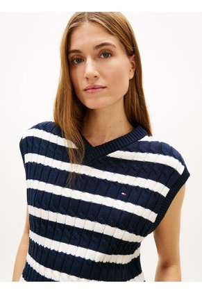 Chaleco Azul De Punto Trenzado Con Cuello En V Tommy Hilfiger
