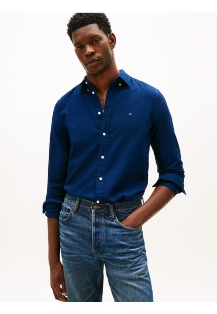 Camisa Azul Slim Flex Con Textura Dobby Tommy Hilfiger