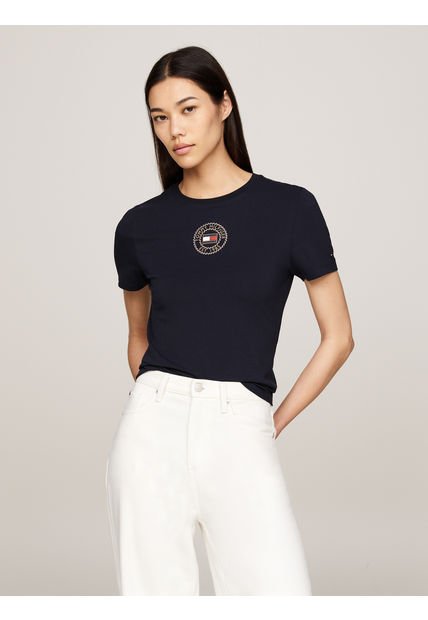 Camiseta Azul De Corte Slim Con Sello Tommy Hilfiger