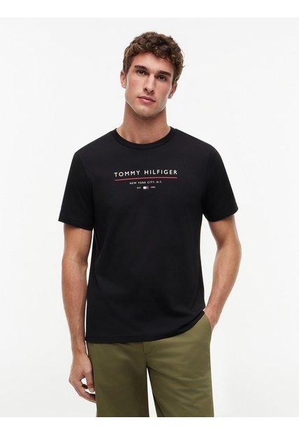 Camiseta Negra De Cuello Redondo Con Corte Regular Tommy Hilfiger