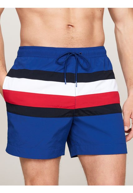 Traje Azul De Baño De Medio Largo Y Diseño Global Stripe Tommy Hilfiger