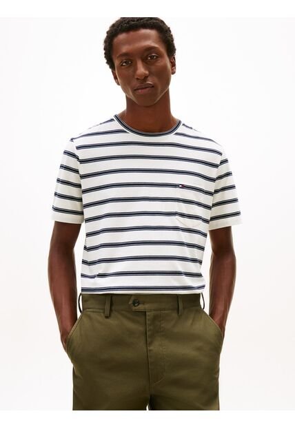 Camiseta Blanca De Rayas Con Cuello Redondo Tommy Hilfiger