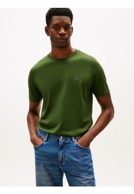 Camiseta Verde De Cuello Redondo Con Logo Bordado Tommy Hilfiger