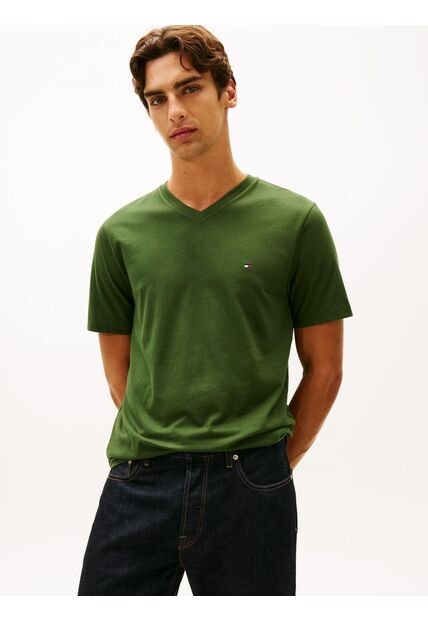 Camiseta Verde Con Cuello En V Y Logo Tommy Hilfiger