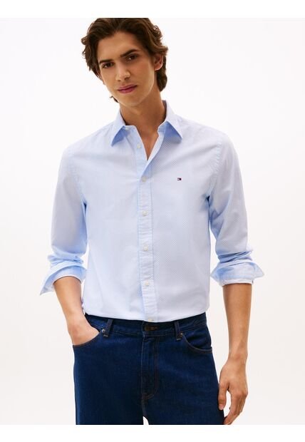 Camisa Celeste De Corte Regular Flex Poplin Con Micro Estampado Tommy Hilfiger