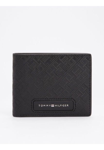 Billetera Negra Plegable De Cuero Con Monogramas TH Tommy Hilfiger