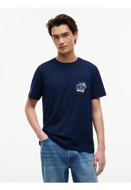 Camiseta Azul Con Logo Gráfico Floral Estampado En El Pecho Tommy Hilfiger
