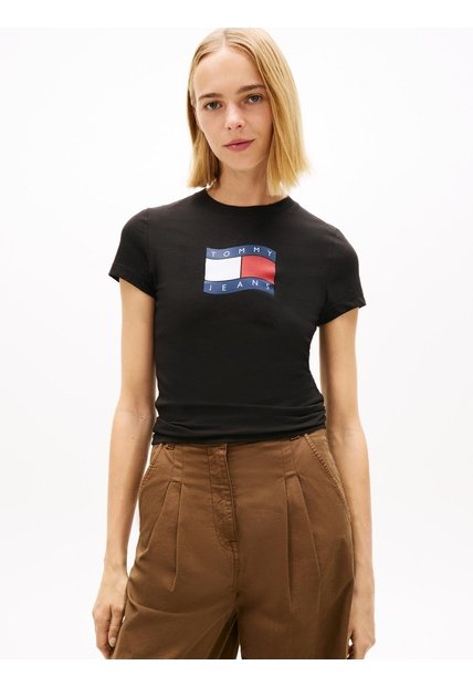 Camiseta Negra De Punto Slim Con Logo Ondulante Tommy Jeans