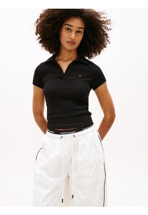 Polo Negro Acanalado De Corte Slim Tommy Jeans