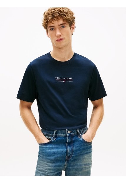 Camiseta Azul De Cuello Redondo Con Logo Tommy Hilfiger