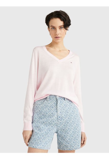 Saco Rosado Con Cuello En V Y Logo Para Mujer Tommy Hilfiger